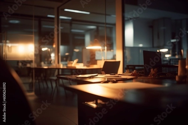 Fototapeta Blurred office workspace in the evening interior. AI generated