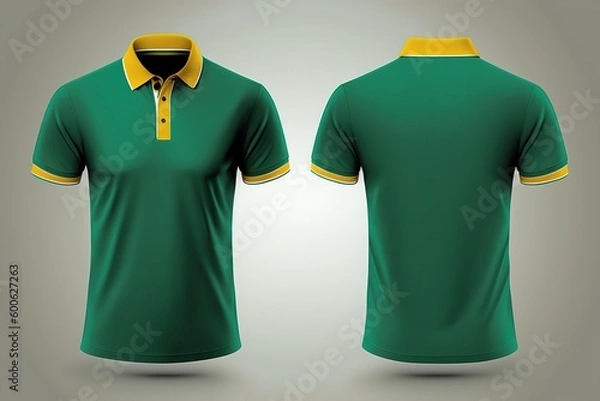 Fototapeta Polo t-shirt front and back mockup, green and yellow contrast, 3d render