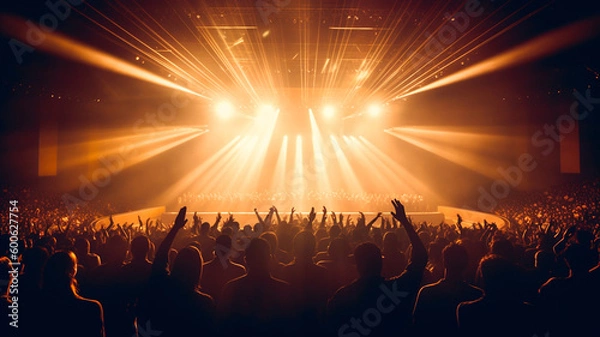 Fototapeta A concert hall with people silhouettes clapping in front of a big stage lit by spotlights. Shot is taken from concert crowd point of view, lens flare is visible Generative AI.