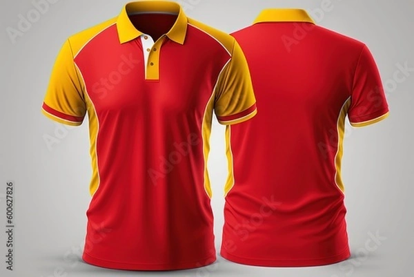 Fototapeta Red and yellow polo shirt template, front and back view, 3d rendering