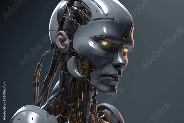 Fototapeta Sci-fi, technology concept. Advanced artificial intelligence robot portrait. Modern futuristic robot human assistant. Generative AI