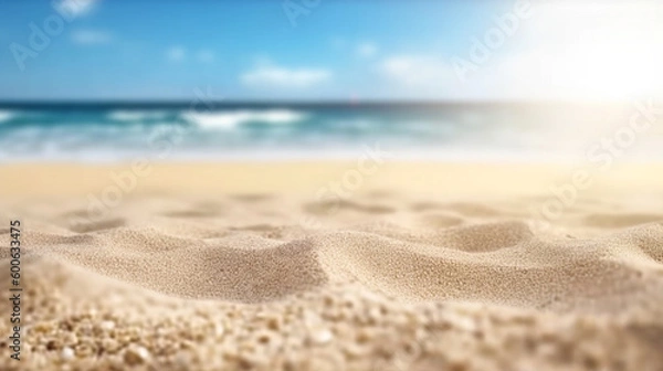 Fototapeta Empty sand on beach side space and summer sea side sunny day on background. Product display montage. template web site design. Generative Ai