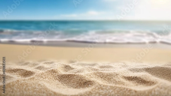 Fototapeta Empty sand on beach side space and summer sea side sunny day on background. Product display montage. template web site design. Generative Ai