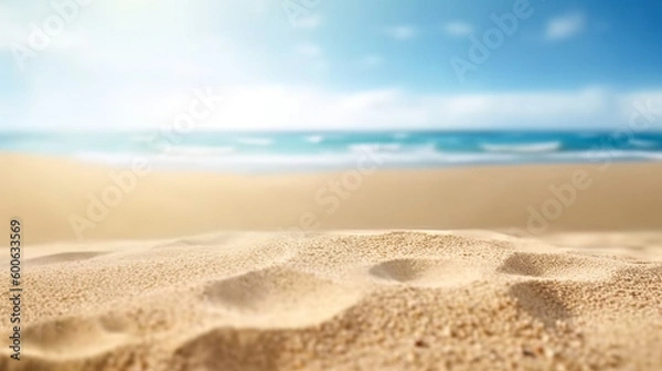 Fototapeta Empty sand on beach side space and summer sea side sunny day on background. Product display montage. template web site design. Generative Ai