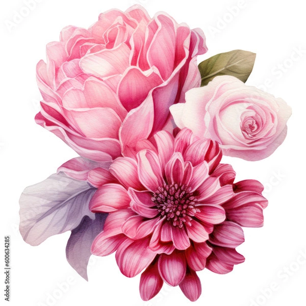Obraz Illustration Bouquet of pink flowers, watercolor pink floral, rose, peony, dahlia, Isolated on transparent background. Generative AI