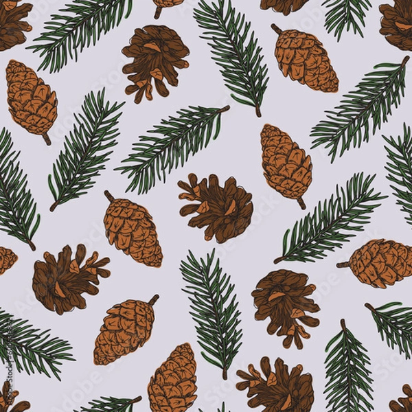 Fototapeta Vector Christmas pinecones with leaf repeat seamless pattern background. Vector illustration