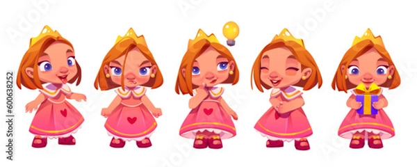 Fototapeta Cute princess character with expression, emotions isolated cartoon vector. Little funny girl in crown angry, think or have idea with light bulb, hold gift box and laugh, show tongue set of comic icons