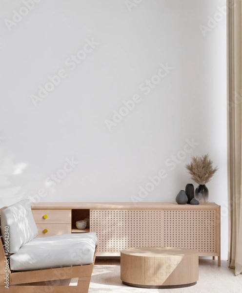 Fototapeta 3D rendering minimal style living room with wooden floor ,white wall,big couch,big window,carpet,wooden cabinet wall for mockup and copy space...