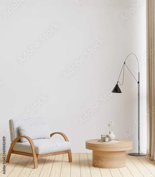 Fototapeta 3D rendering minimal style living room with wooden floor ,white wall,big couch,big window,wooden cabinet wall for mock up and copy space.