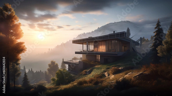 Fototapeta Chalet in mountains - Generated by Generative AI