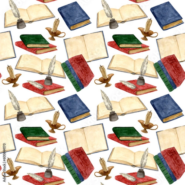 Fototapeta Seamless pattern from closed and open colorful books with candle and feather in an inkwell. Watercolor hand drawn illustration isolated on white background. Template for design.