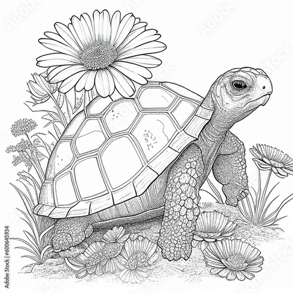 Obraz South American tortoise illustrated with black lines on white background for coloring. Generative AI.