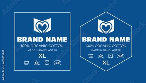 Fototapeta A Visionary Approach to Clothing Neck Label Tag Design with Logo and Laundry Symbols in a Rectangle and polygonal shape