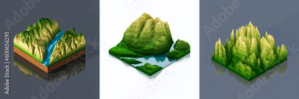 Fototapeta 3D illustration voxels, Rocks, mountains and hills. Mountain peak. Landscape terrain map models.