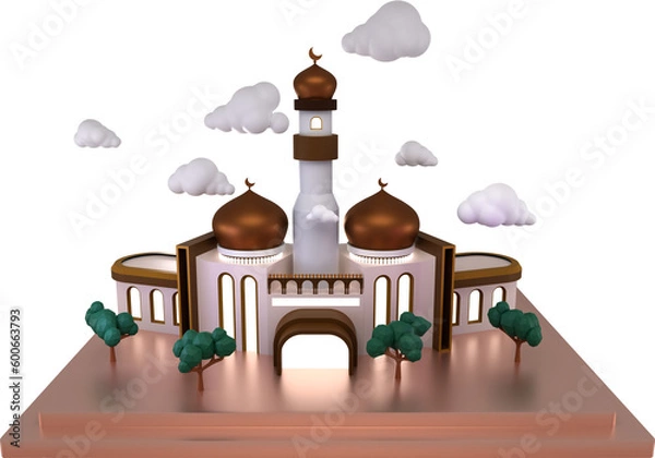 Obraz 3d rendering illustration of the beauty of the Islamic Mosque is a depiction of calm and harmony, displaying the beauty of Islamic architecture, a combination of gold color on the dome and white