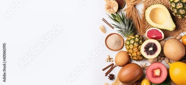 Fototapeta flat lay banner background of full of healthy fresh sliced fruits, Generative Ai