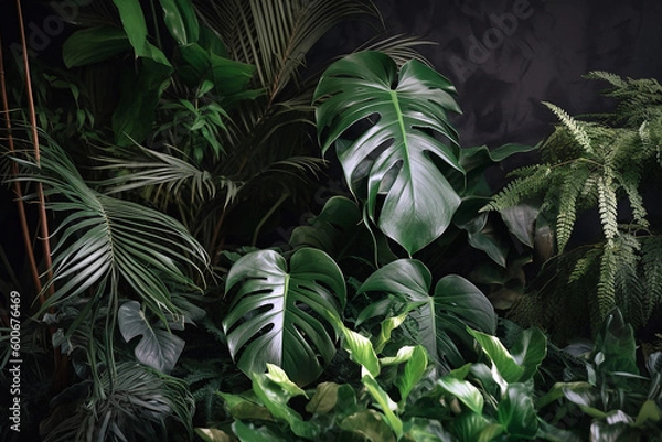Obraz Monstera green leaves or Monstera Deliciosa in dark tones, background or green leafy tropical pine forest patterns for creative design elements. Philodendron monstera textures. Generative AI