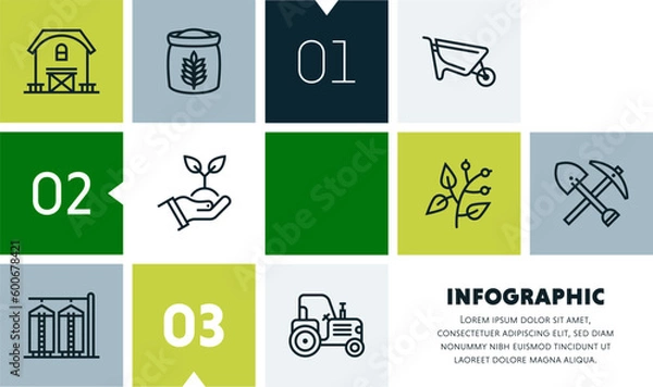 Fototapeta Agriculture business management infographic design with icons, made by thin line style with editable strokes.