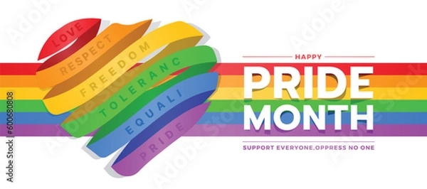 Fototapeta Happy Pride month text and colorful rainbow ribbon rolling heart shape on rainbow pride tab with vector design