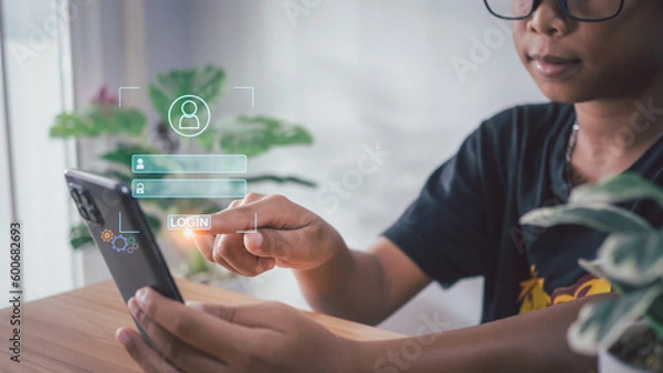 Fototapeta People's fingers are pressing on the phone screen. Represents protection against external hacks, code protection security concepts, viruses, firmware and malware.