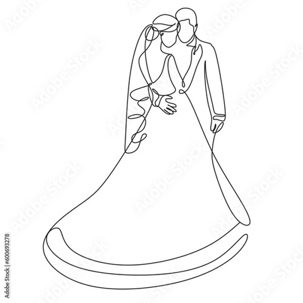 Obraz Single one line drawing happy cute married man and woman dancing on the floor at party park. Romantic young wedding couple holding hands and spinning around. Continuous line draw design graphic vector