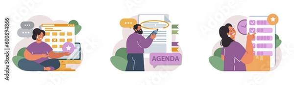 Fototapeta Schedule management set. Character planning or checking task