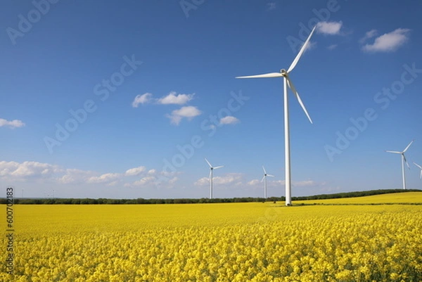 Fototapeta wind turbine in rape yellow field on a sunny spring day in dobrogea, romania