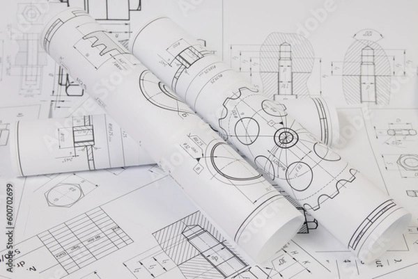 Fototapeta paper engineering drawings of industrial parts and mechanism