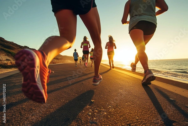 Obraz Close up legs runner group running on sunrise seaside trail. AI generative
