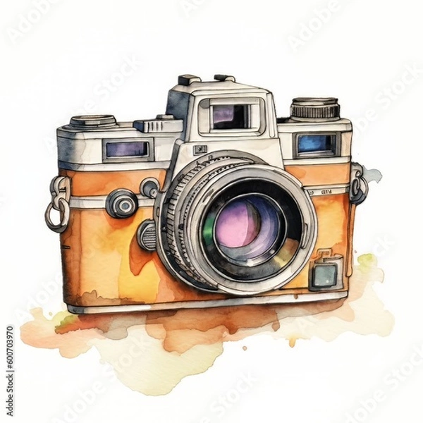 Fototapeta Watercolor Classic Retro Camera Isolated White Background made with Generative AI