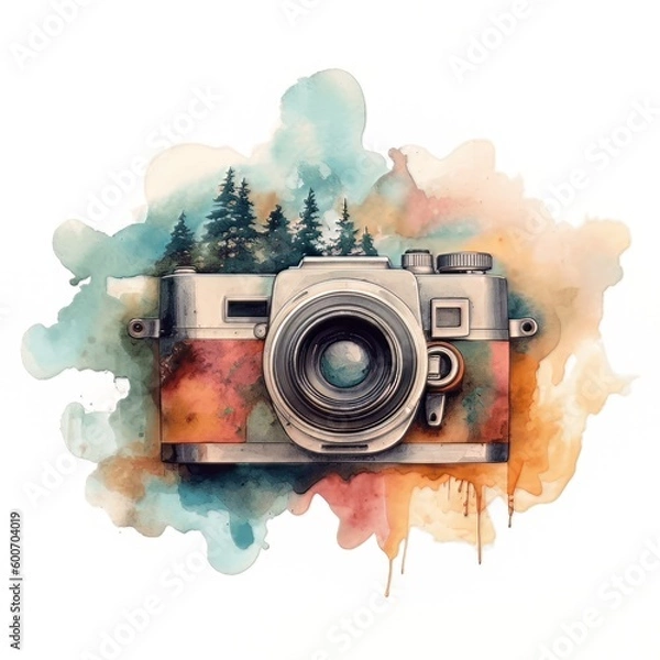Fototapeta Watercolor Double Exposure Retro Camera With Forest Silhouette, National Photography Day Concept made with Generative AI