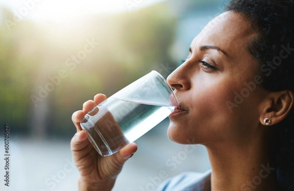 Fototapeta Health, glass and woman drinking water, wellness and nutrition at home, happiness and refreshment. Female person, happy and lady with clear liquid, natural and care with a smile, fresh and hydration