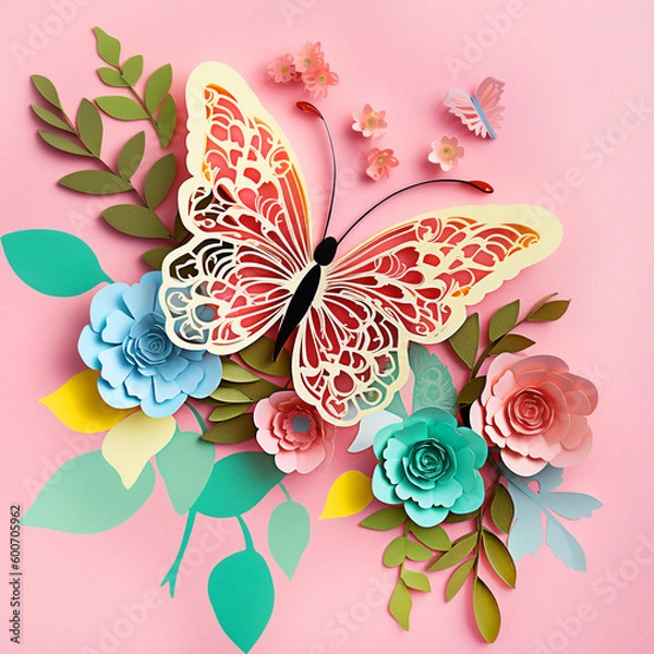 Fototapeta Paper cut flowers and butterfly on pink background. Paper art style. Generative AI