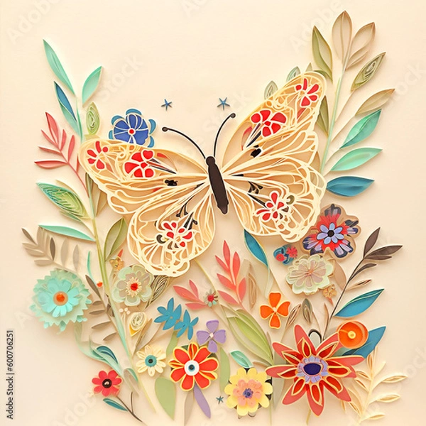 Fototapeta Butterfly with flowers and leaves. Paper cut style illustration. Generative AI