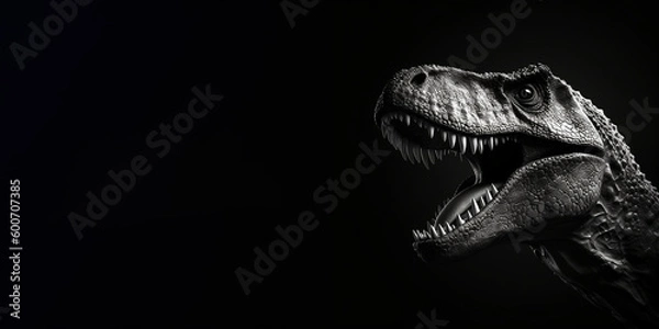 Fototapeta Black and white photorealistic studio portrait of a Tyrannosaurus Rex on black background. Generative AI illustration