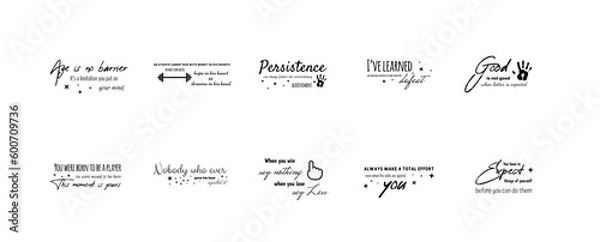 Fototapeta Hand lettering inscriptions about fitness to motivation quotes posters, black and white inspirational text, calligraphy vector illustration collection