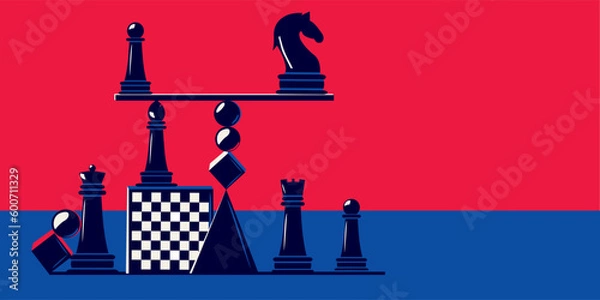 Obraz Various geometric and chess pieces in an abstract style. The concept of balance, intellectual game, stability. Game of chess.