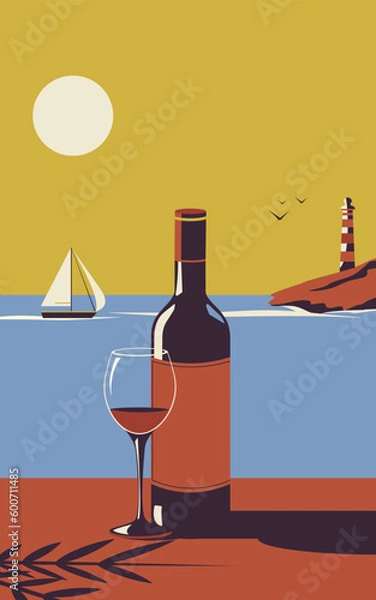 Obraz A bottle of wine and a glass of wine against the backdrop of a seascape. Recreation concept. Restaurant by the sea. Retro style.