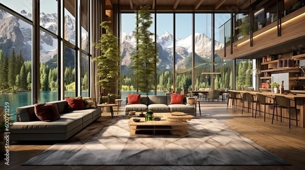 Obraz a modern and luxurious open-plan living room and kitchen interior with a view of a lake and alpine landscape, lodge style,  AI rendered