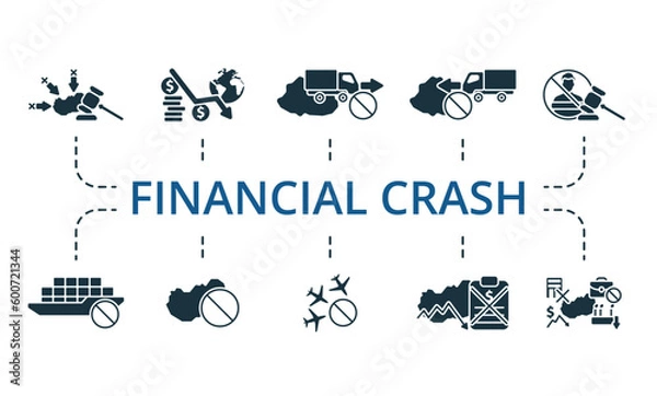 Fototapeta Financial crash set. Creative icons: sanctions, financial crisis, export ban, import ban, impeachment, logistic crisis, embargo, air traffic ban, economic default, economic crisis.