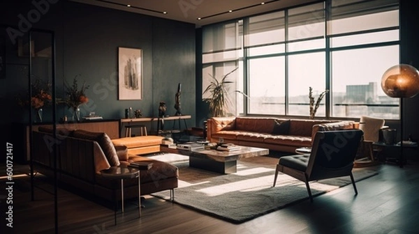 Fototapeta Interior of modern living room with brown leather sofa and coffee table, big windows, in the background a panorama of the city. Generative AI