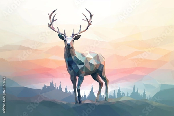 Obraz Colorful low poly deer illustration with background ai generated