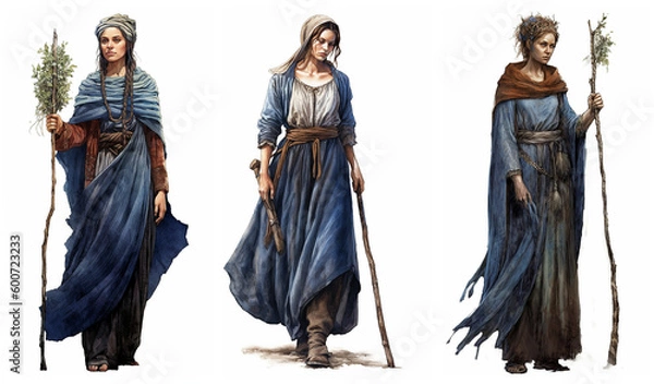 Obraz Watercolour isolated illustration of an ancient medieval pagan woman. Magical, fantasy herbalist witch, Natural and realistic. Set no 6.