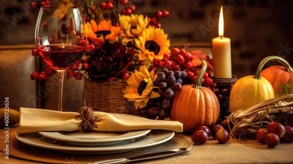 Fototapeta A happy Thanksgiving table setting with autum decorations. Generative AI 