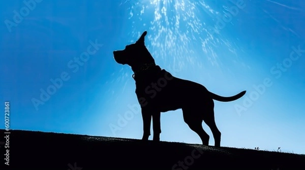 Fototapeta A silhouette of a playful dog against a blue sky. Generative AI 