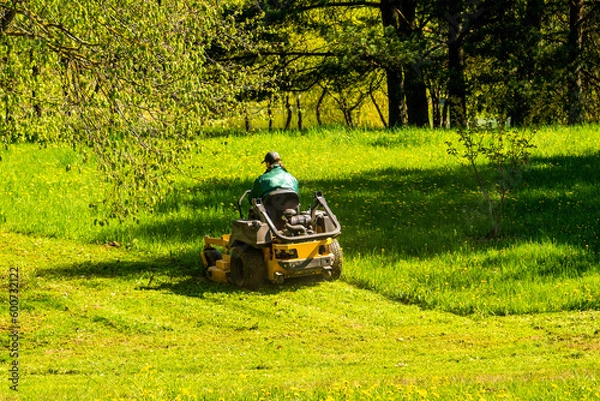 Fototapeta Landscaper cutting grass on riding lawn mower