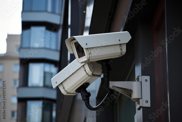 Fototapeta security cctv camera on a wall. Generative Ai