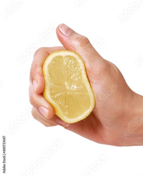 Fototapeta hand squeezing lemon isolated on transparent layered background.