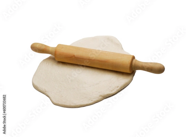Fototapeta wood roller over pizza dough isolated on transparent layered background.
