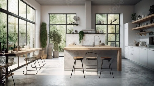 Fototapeta Large bright living room with a kitchen, marble elements, a large number of chairs, large windows, a view of the garden from the windows. Generative AI